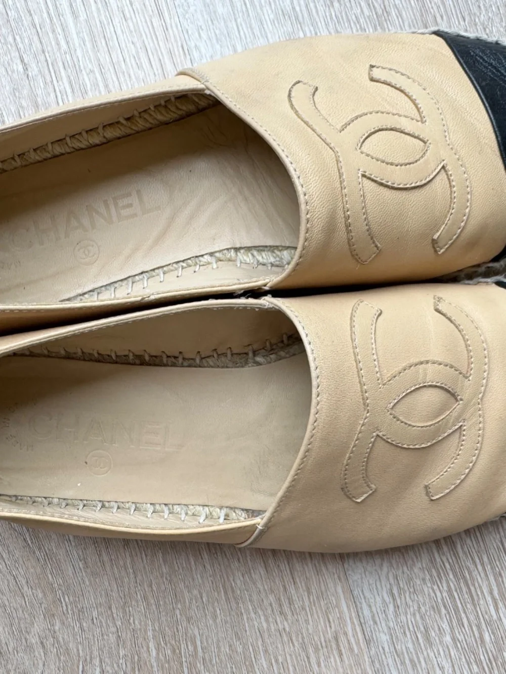 CHANEL Beige and Black Espadrille Flats